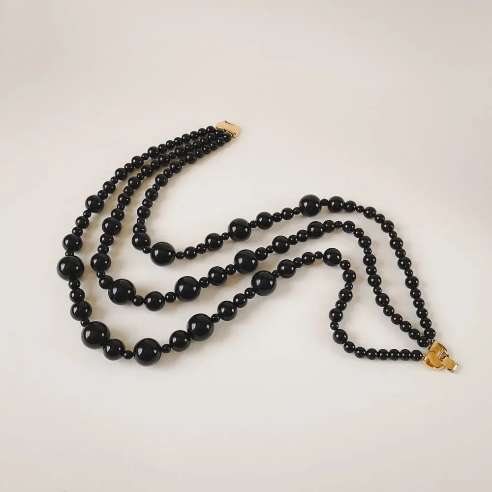 Vintage Monet Black Ball Round Beaded Multi Strand Statement Bib Necklace - Picture 5 of 12